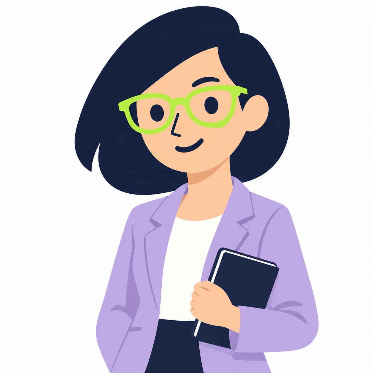 Smarta con vestuario de psicólogas, pelo oscuro y lentes verde lima